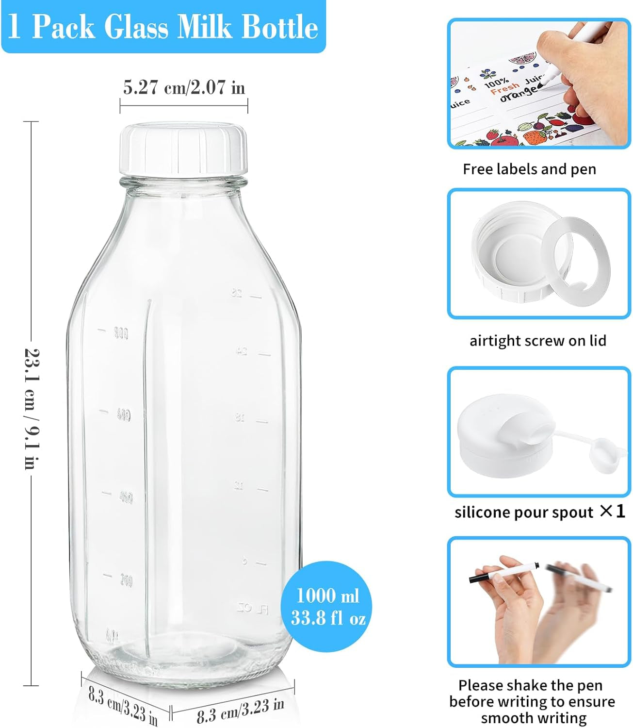 Square Liter Glass Milk Bottles with Airtight Lid - 100% Leak-Proof Heavy Duty Screw Cap, 32 Oz Glass Juice Bottles W Scale Mark, Reusable Jugs Pitcher for Homemade Juice(Extra 1 Lid and Pen)