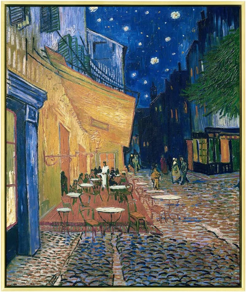 Framed Wall Art Canvas Prints of Cafe Terrace at Night Canvas Prints Wall Art by Van Gogh Paintings Reproduction Abstract Artwork for Wall Decor Golden Frame