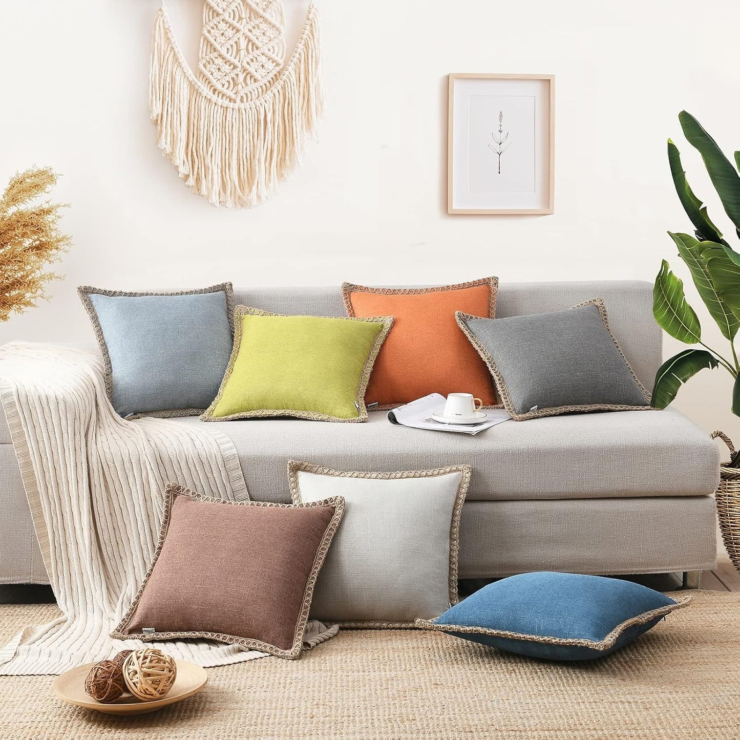 Set of 2 Throw Pillow Covers - Burlap Linen Trimmed Tailored Edges Decorative Cushion Covers for Bed Home Decoration, 18 X 18, Grey