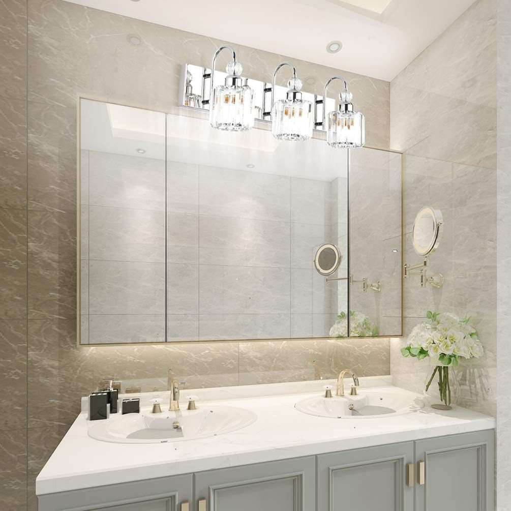 Modern LED Crystal Bathroom Vanity Lights 3-Lights Stainless Steel Crystal Vanity Lights over Mirror Modern Crystal Bathroom Vanity Lighting Fixtures