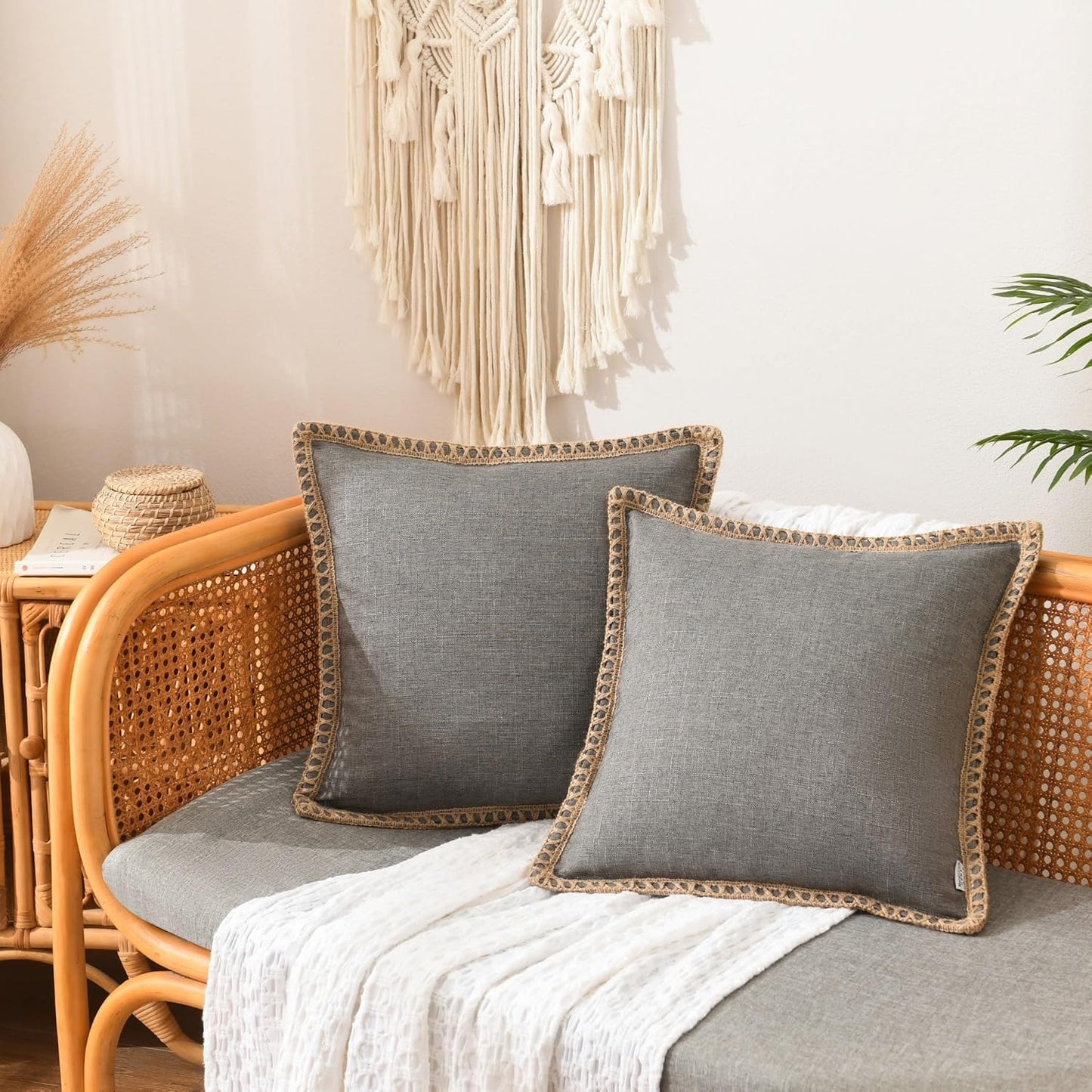 Set of 2 Throw Pillow Covers - Burlap Linen Trimmed Tailored Edges Decorative Cushion Covers for Bed Home Decoration, 18 X 18, Grey