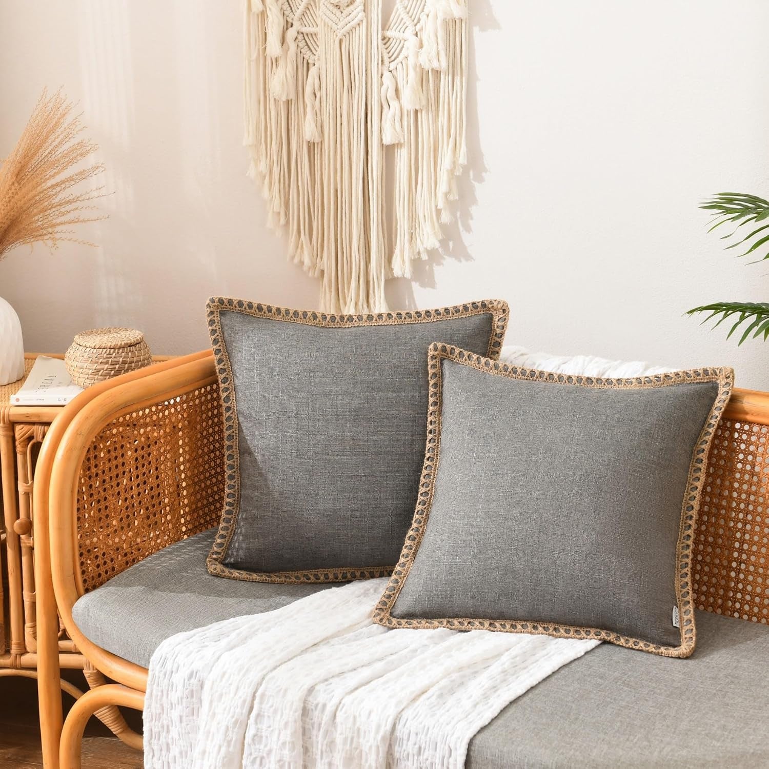 Set of 2 Throw Pillow Covers - Burlap Linen Trimmed Tailored Edges Decorative Cushion Covers for Bed Home Decoration, 18 X 18, Grey