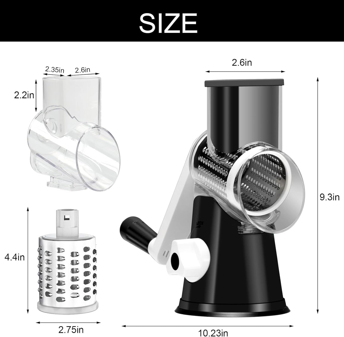 Rotary Cheese Grater Hand Crank Cheese Shredder for Fresh Cheese, Vegetable, Nuts,Non-Slip Suction Base, Free Cleaning Brush Three Blades, Black