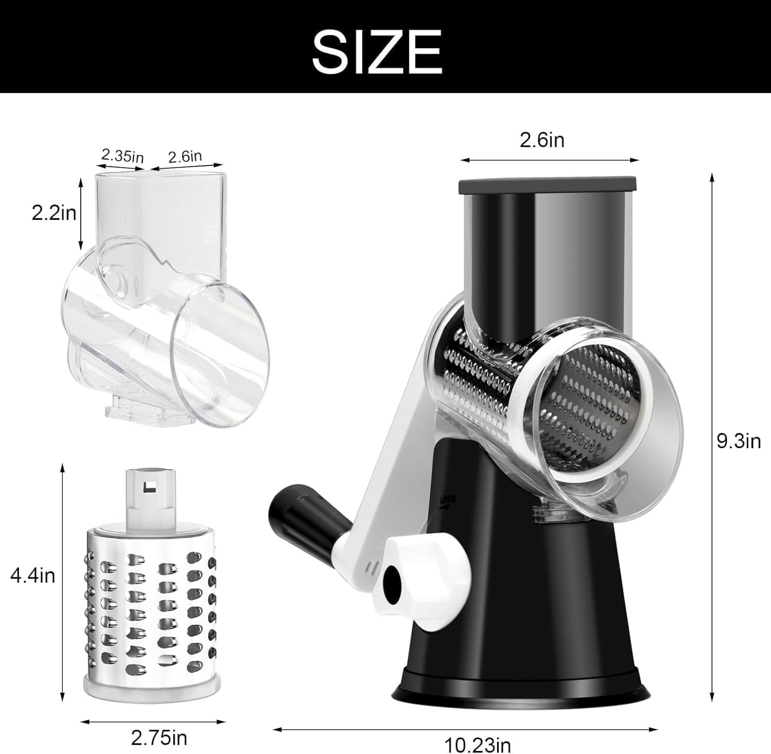 Rotary Cheese Grater Hand Crank Cheese Shredder for Fresh Cheese, Vegetable, Nuts,Non-Slip Suction Base, Free Cleaning Brush Three Blades, Black