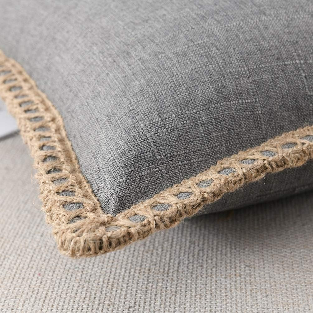 Set of 2 Throw Pillow Covers - Burlap Linen Trimmed Tailored Edges Decorative Cushion Covers for Bed Home Decoration, 18 X 18, Grey