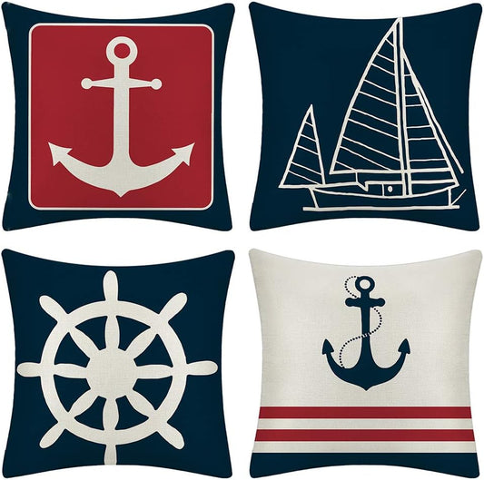 Set of 4 Decorative Cushion Covers Square Nautical Sailing Throw Pillow Covers Home Decor Design Set Covers Cushion Case for Sofa Bedroom Car 18X18 Inches (Anchor)