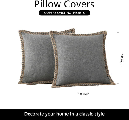 Set of 2 Throw Pillow Covers - Burlap Linen Trimmed Tailored Edges Decorative Cushion Covers for Bed Home Decoration, 18 X 18, Grey