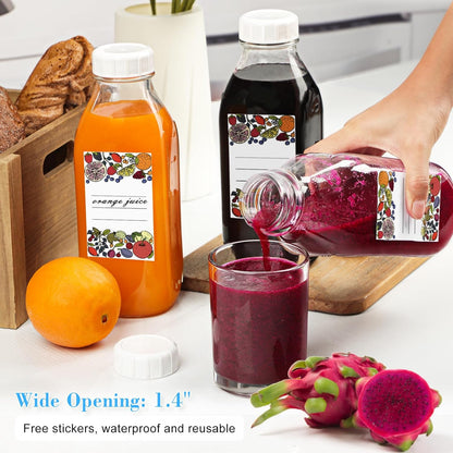 Square Liter Glass Milk Bottles with Airtight Lid - 100% Leak-Proof Heavy Duty Screw Cap, 32 Oz Glass Juice Bottles W Scale Mark, Reusable Jugs Pitcher for Homemade Juice(Extra 1 Lid and Pen)