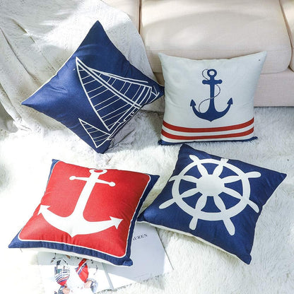 Set of 4 Decorative Cushion Covers Square Nautical Sailing Throw Pillow Covers Home Decor Design Set Covers Cushion Case for Sofa Bedroom Car 18X18 Inches (Anchor)