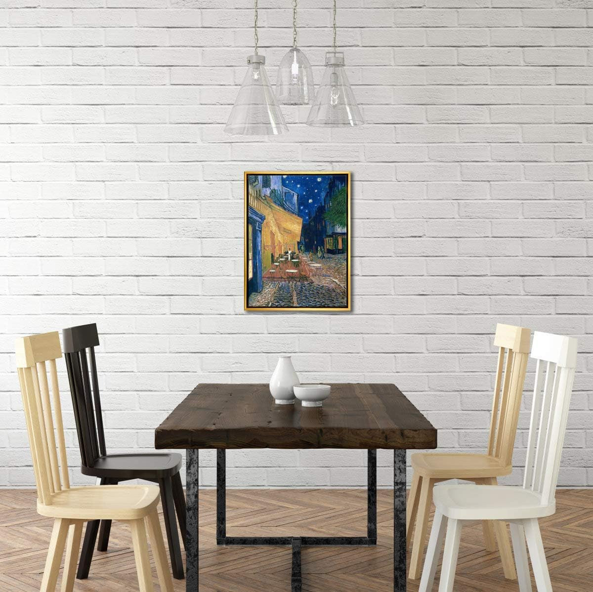 Framed Wall Art Canvas Prints of Cafe Terrace at Night Canvas Prints Wall Art by Van Gogh Paintings Reproduction Abstract Artwork for Wall Decor Golden Frame