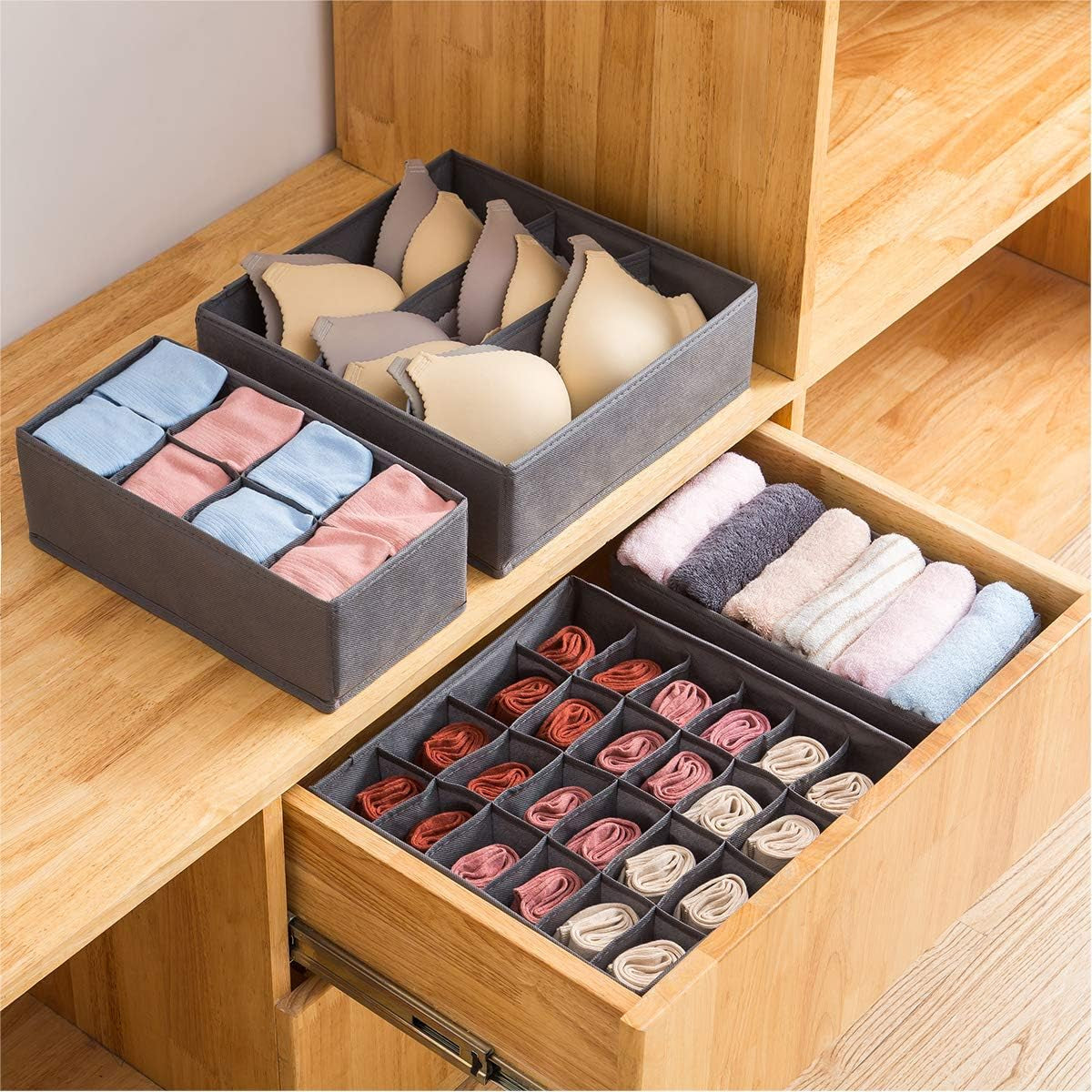 4 Pack Foldable Drawer Organizers, Sock and Underwear Drawer Organizer Clothes, Desk Closet Fabric Organizer and Storage Drawer Dividers for Dresser Panties Underwear Bra Socks