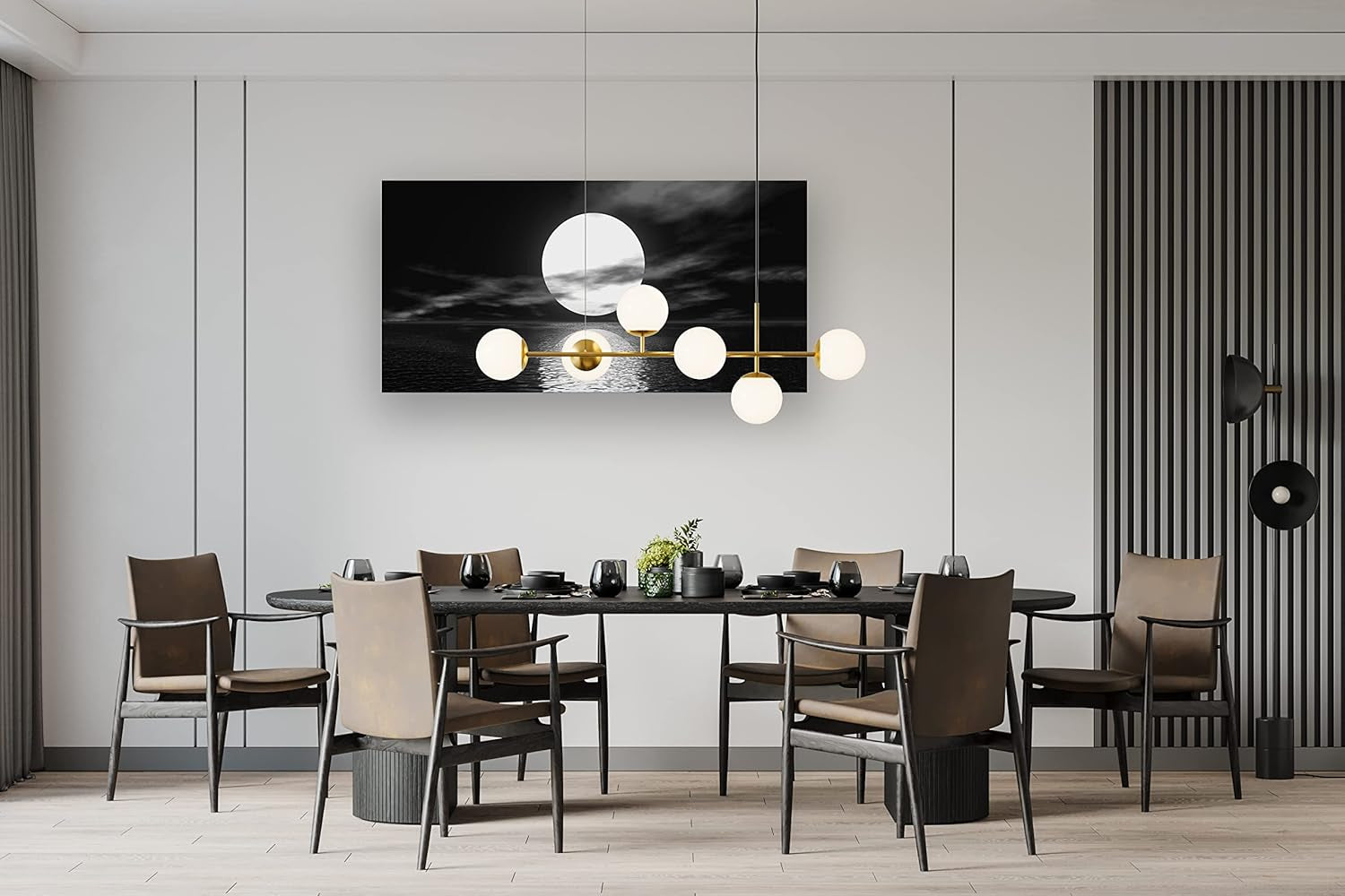 S06450 Wall Art Canvas Sea White Full Moon in Night Picture Canvas Poster Print Black and White Ocean for Living Room Bedroom Kitchen Home Decorations Framed Artwork