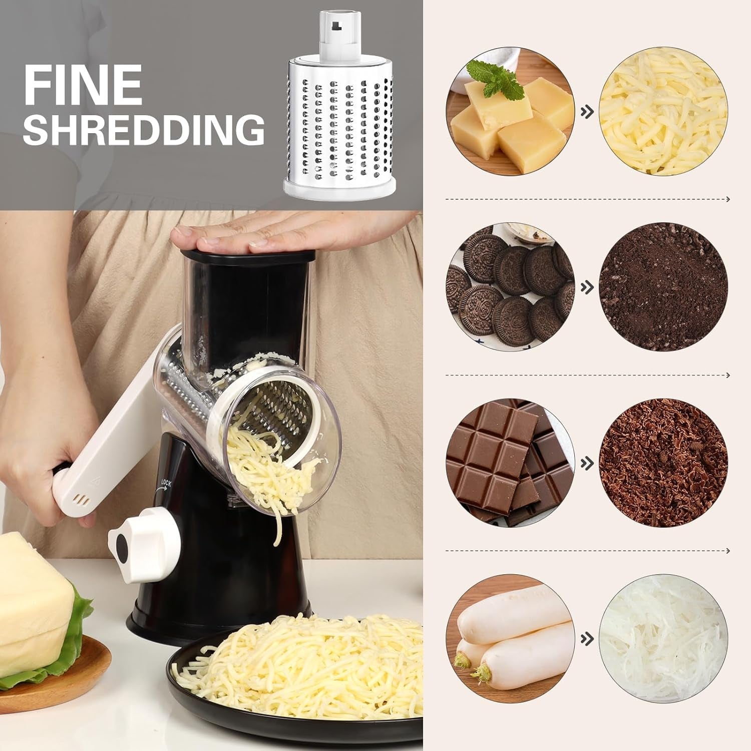 Rotary Cheese Grater Hand Crank Cheese Shredder for Fresh Cheese, Vegetable, Nuts,Non-Slip Suction Base, Free Cleaning Brush Three Blades, Black