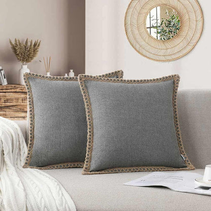 Set of 2 Throw Pillow Covers - Burlap Linen Trimmed Tailored Edges Decorative Cushion Covers for Bed Home Decoration, 18 X 18, Grey