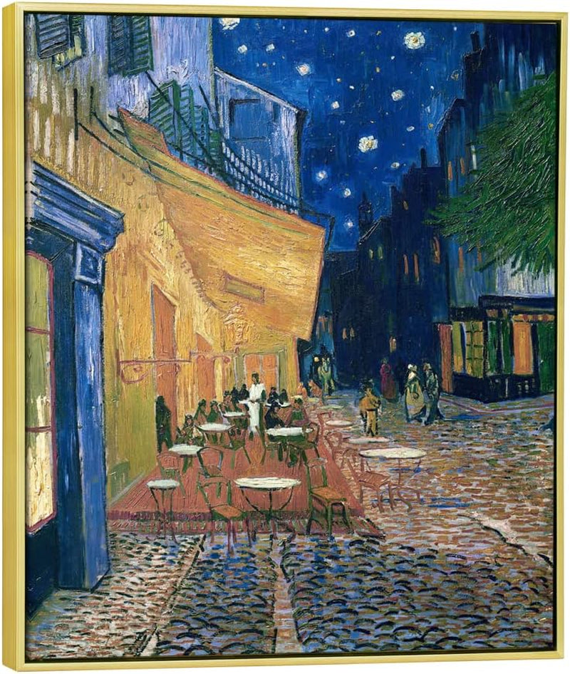 Framed Wall Art Canvas Prints of Cafe Terrace at Night Canvas Prints Wall Art by Van Gogh Paintings Reproduction Abstract Artwork for Wall Decor Golden Frame