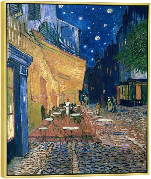 Framed Wall Art Canvas Prints of Cafe Terrace at Night Canvas Prints Wall Art by Van Gogh Paintings Reproduction Abstract Artwork for Wall Decor Golden Frame