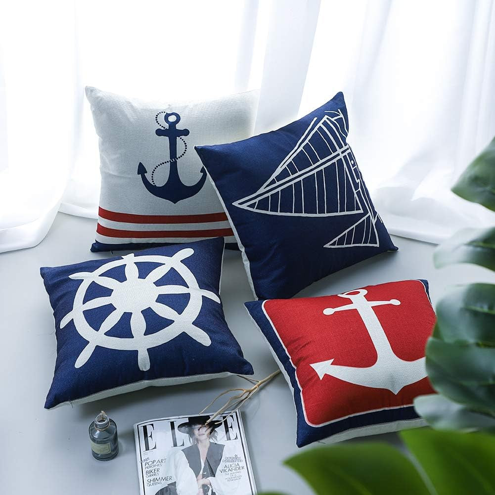 Set of 4 Decorative Cushion Covers Square Nautical Sailing Throw Pillow Covers Home Decor Design Set Covers Cushion Case for Sofa Bedroom Car 18X18 Inches (Anchor)