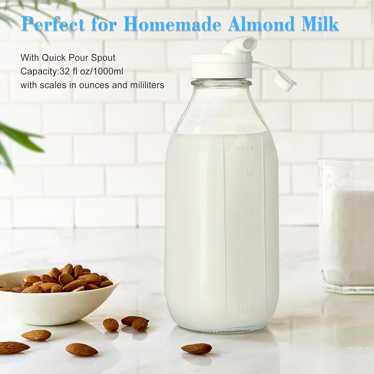 Square Liter Glass Milk Bottles with Airtight Lid - 100% Leak-Proof Heavy Duty Screw Cap, 32 Oz Glass Juice Bottles W Scale Mark, Reusable Jugs Pitcher for Homemade Juice(Extra 1 Lid and Pen)