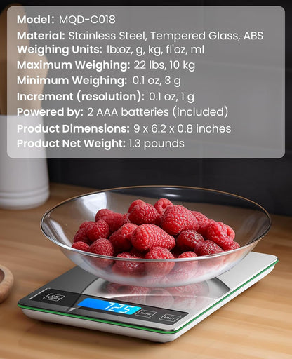 Food Scale, 22Lb Digital Kitchen Scale Weight Grams and Oz for Cooking Baking, 1G/0.1Oz Precise Graduation, Stainless Steel and Tempered Glass (Ash Silver)