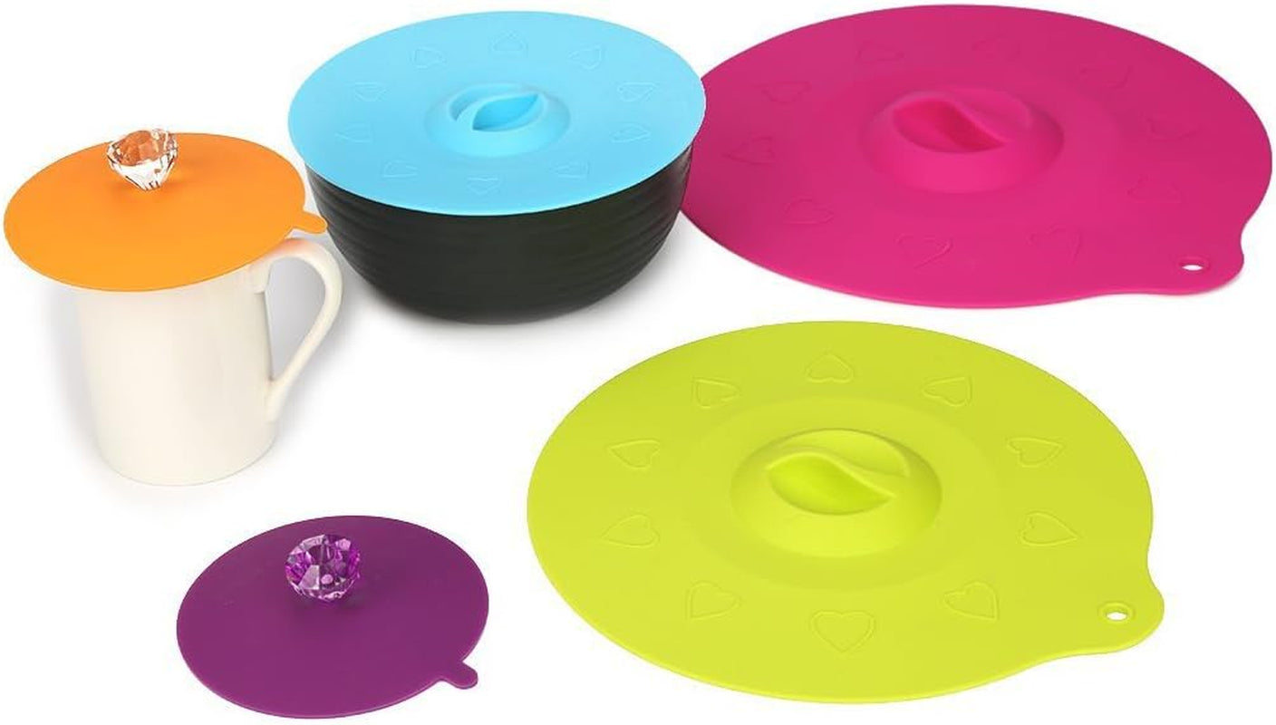 Silicone Microwave Food Covers, IPHOX Food Grade Creative Diamond Mug Cover [Set of 5] Anti-Dust Airtight Seal Cup Cover, 5 Sizes Heat Resistant Silicone Drink Cup Lids for Bowls, Cups, Pots and Pans