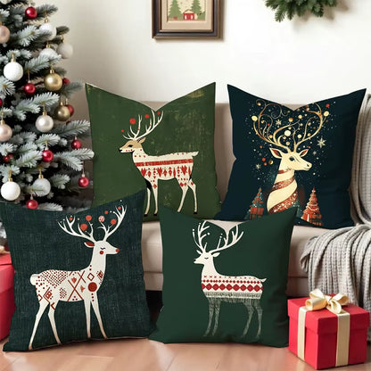 Christmas Deer Pattern Decorative Cushion Covers Square Polyester Pillowcase, Modern Sofa Decorative Cushion Cover