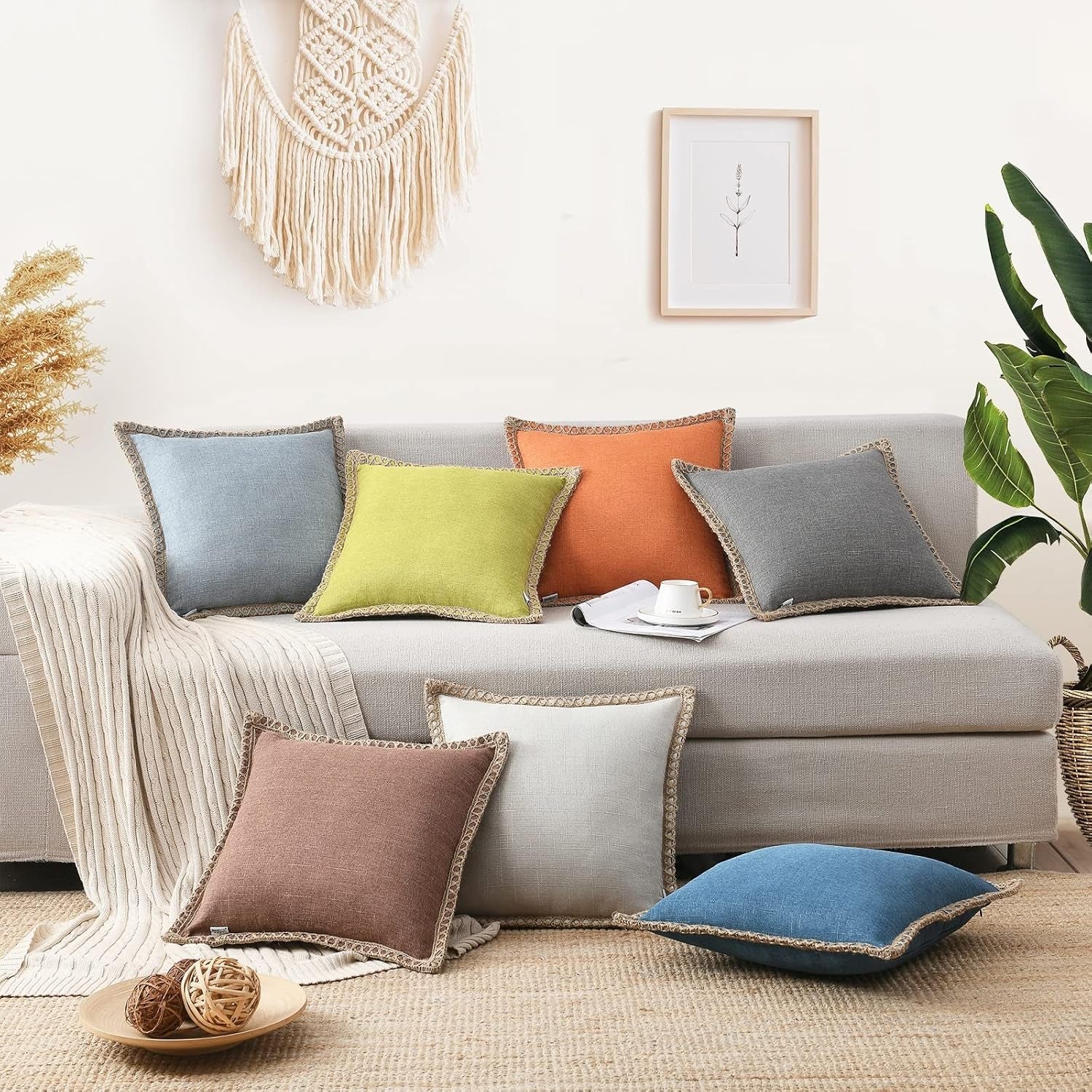 Set of 2 Throw Pillow Covers - Burlap Linen Trimmed Tailored Edges Decorative Cushion Covers for Bed Home Decoration, 18 X 18, Grey