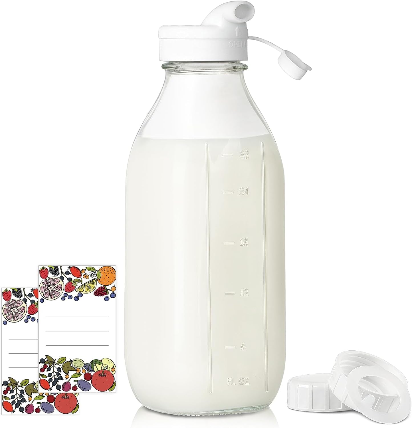 Square Liter Glass Milk Bottles with Airtight Lid - 100% Leak-Proof Heavy Duty Screw Cap, 32 Oz Glass Juice Bottles W Scale Mark, Reusable Jugs Pitcher for Homemade Juice(Extra 1 Lid and Pen)