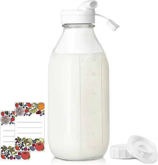 Square Liter Glass Milk Bottles with Airtight Lid - 100% Leak-Proof Heavy Duty Screw Cap, 32 Oz Glass Juice Bottles W Scale Mark, Reusable Jugs Pitcher for Homemade Juice(Extra 1 Lid and Pen)